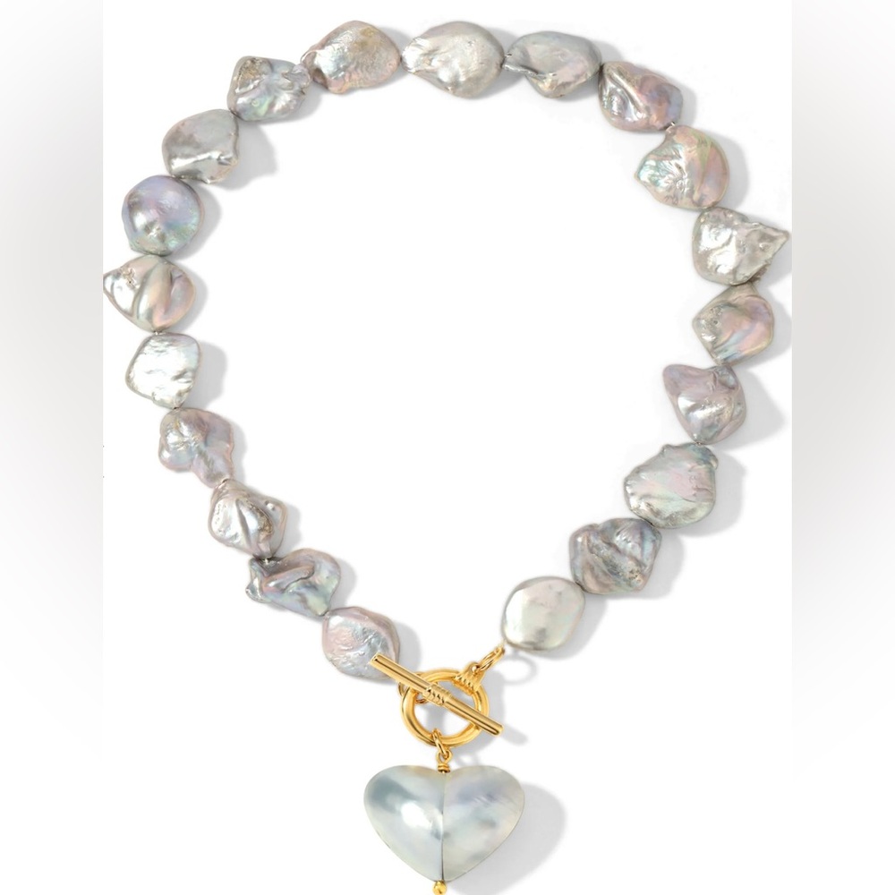 Vanessa Mooney Iridescent Baroque Pearl Necklace with Gold Heart Toggle